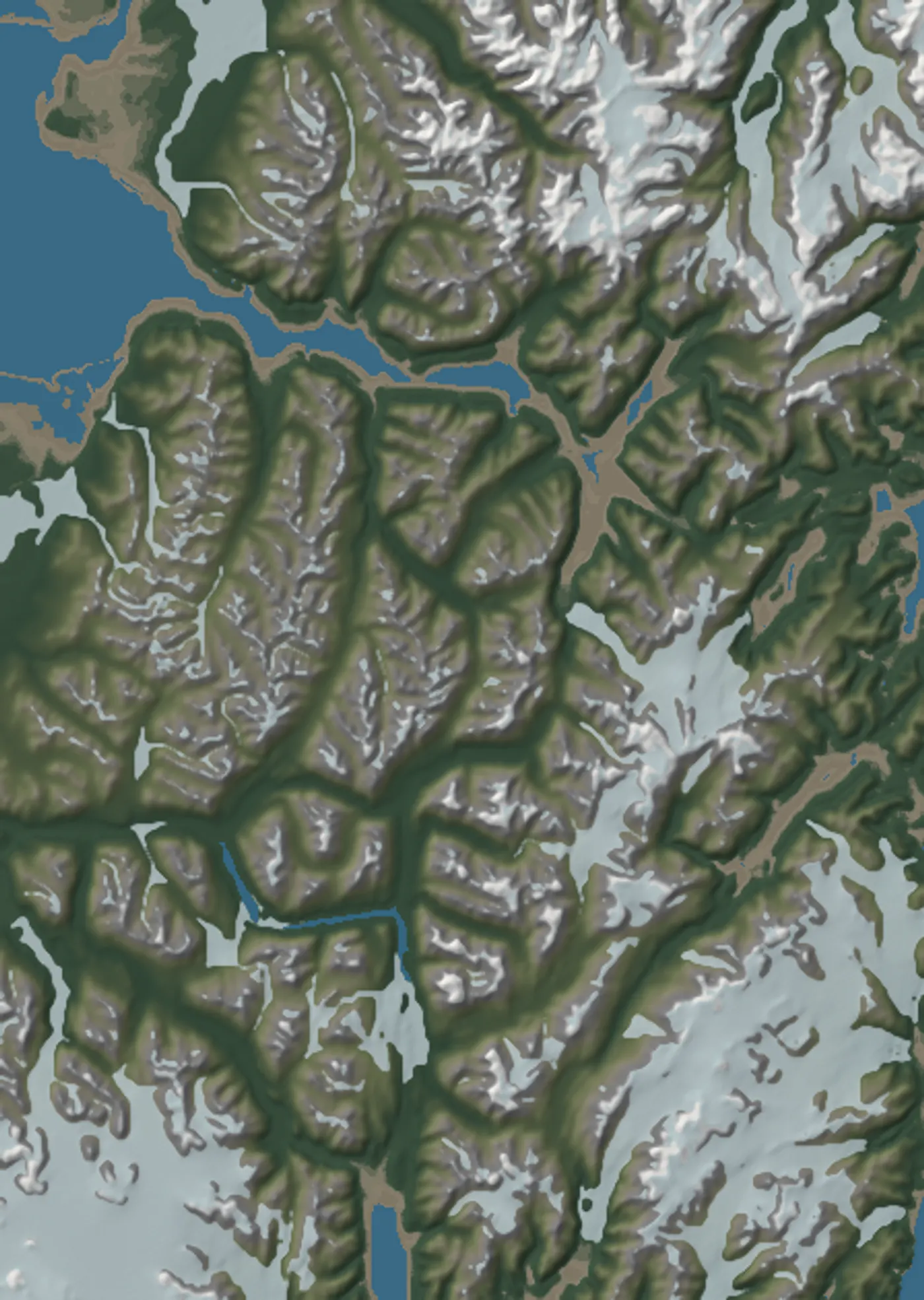 Stylized relief map of Alaska Backcountry Access country — Anchorage to Seward in summer, the Eureka glaciers in winter. Illustrative, not for navigation; select a marker for location details and booking.