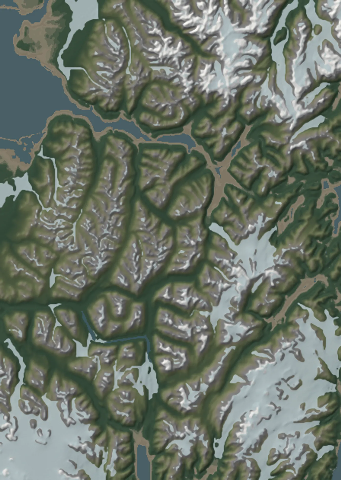 Stylized relief map of Alaska Backcountry Access country — Anchorage to Seward in summer, the Eureka glaciers in winter. Illustrative, not for navigation; every location is listed below the map.